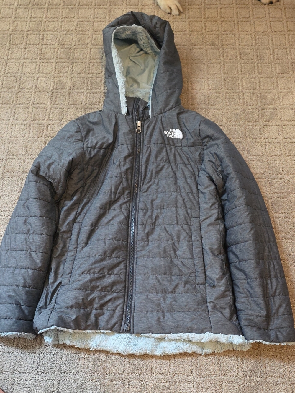 The North Face Girls' Gray Hooded Puffer Coat with Faux-Fur Trim